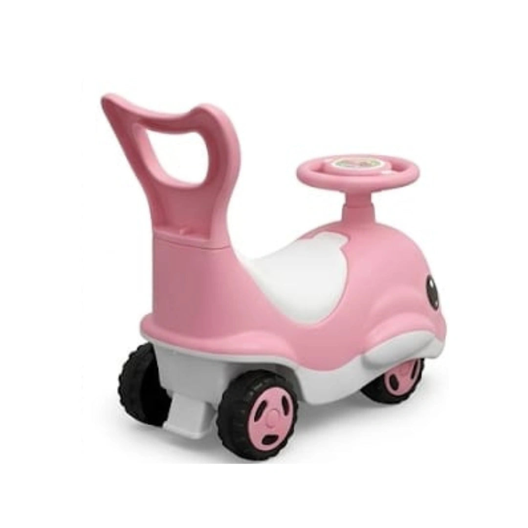 Cute dolphin ride-on toy with lights, music, and storage
