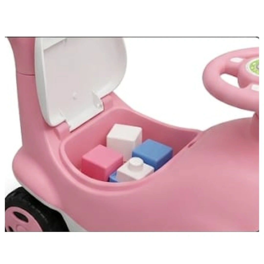 Cute dolphin ride-on toy with lights, music, and storage