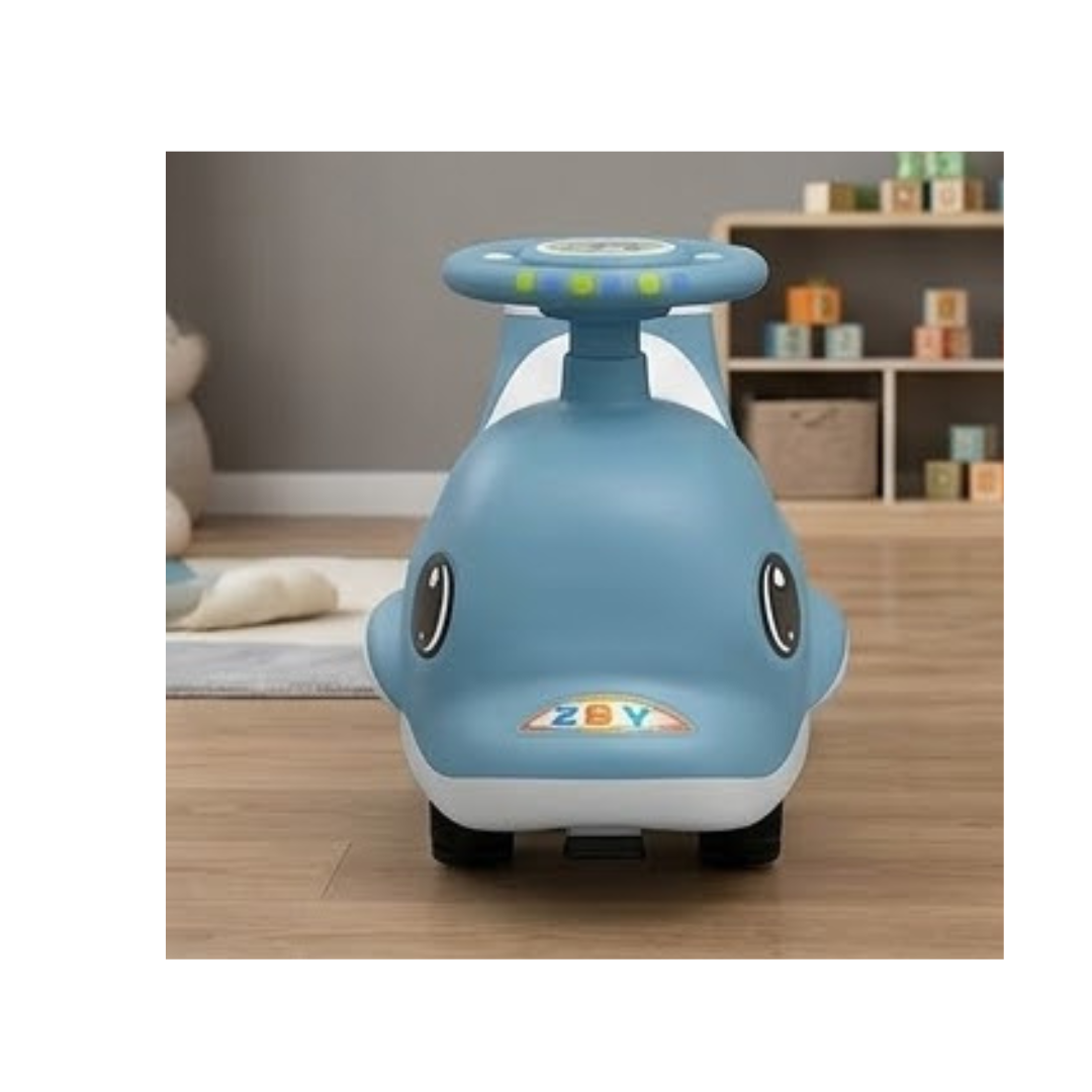 Cute dolphin ride-on toy with lights, music, and storage