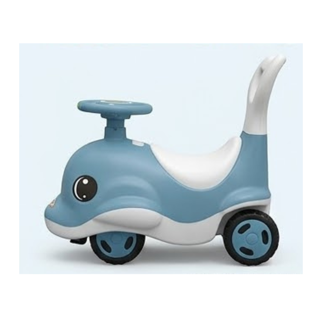 Cute dolphin ride-on toy with lights, music, and storage