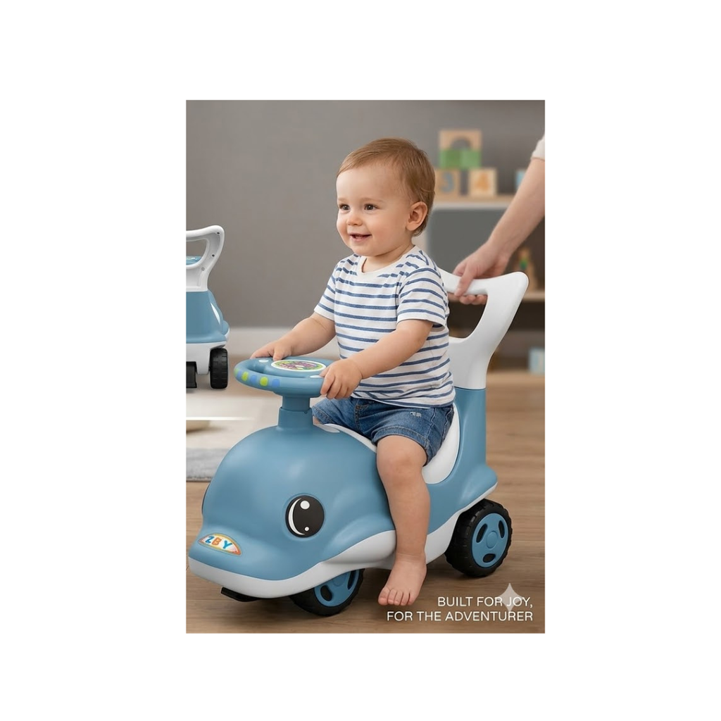 Cute dolphin ride-on toy with lights, music, and storage