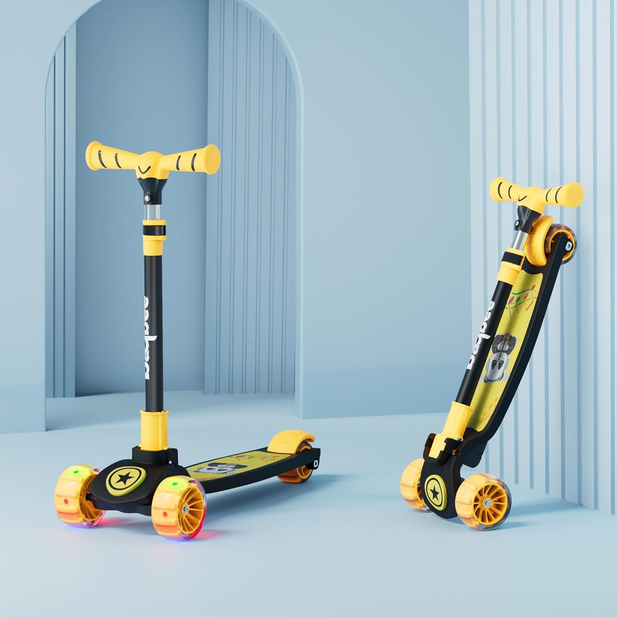 Baybee Kitty Kick Scooter for Kids | Foldable 3 Wheel Kid Scooter with 4 Height Adjustable Handle & Brake | Skate Scooters with LED PU Wheels | Runner Scooters for Kids 3 to 10 Years Boys Girl