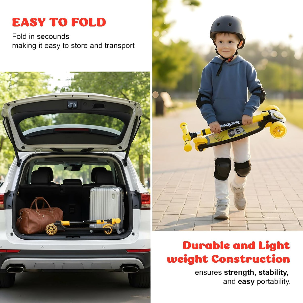 Baybee Kitty Kick Scooter for Kids | Foldable 3 Wheel Kid Scooter with 4 Height Adjustable Handle & Brake | Skate Scooters with LED PU Wheels | Runner Scooters for Kids 3 to 10 Years Boys Girl