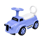 Blue ride-on toy car with steering handle, molded seat, and star-shaped body design