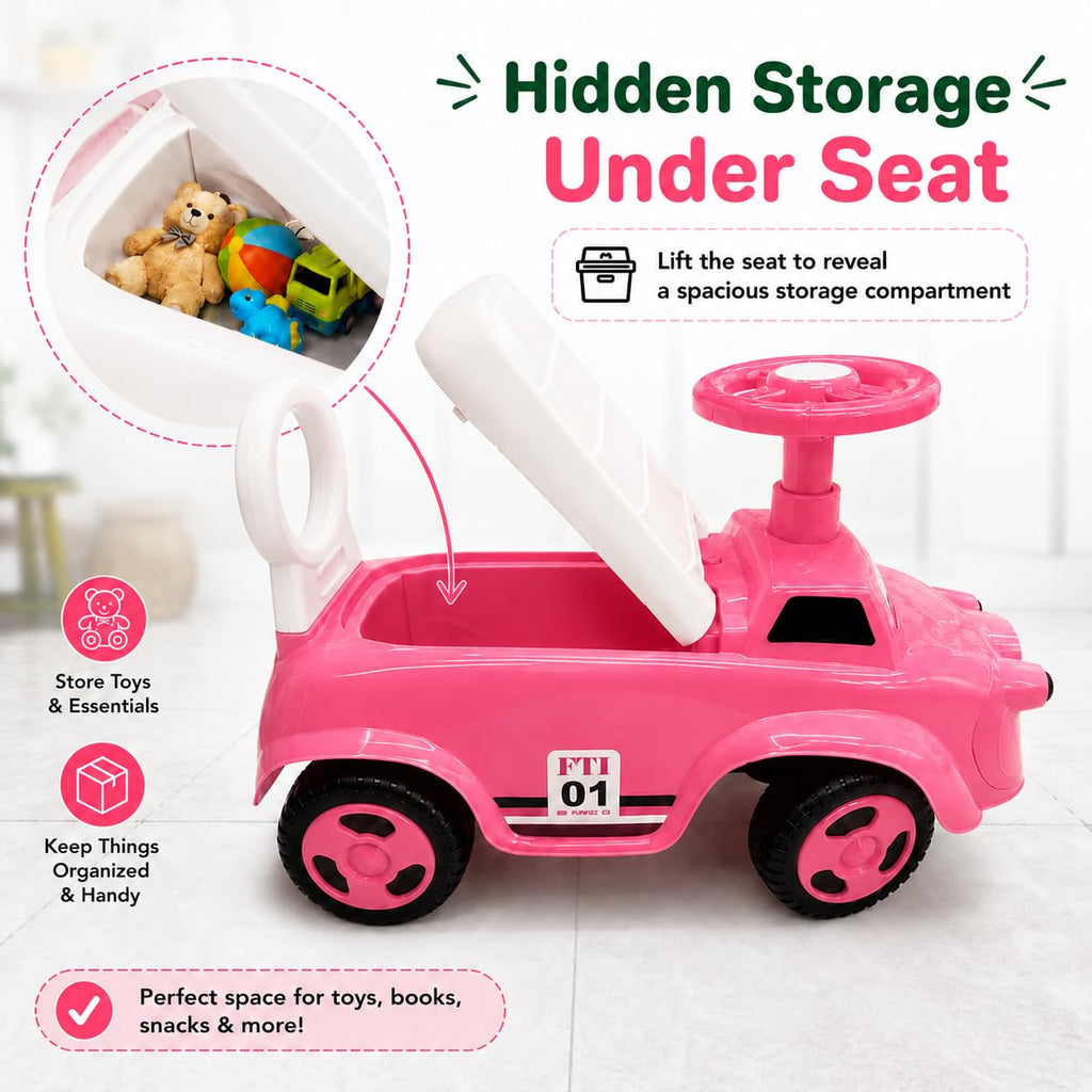 Pink ride-on toy car with under-seat storage compartment and steering handle