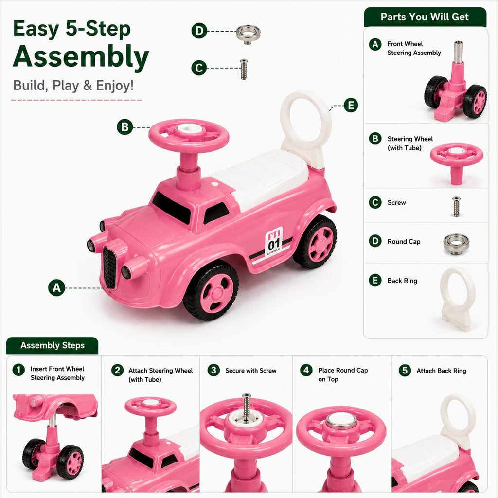 Pink ride-on toy car with steering handle and high-back seat, multi-step setup view