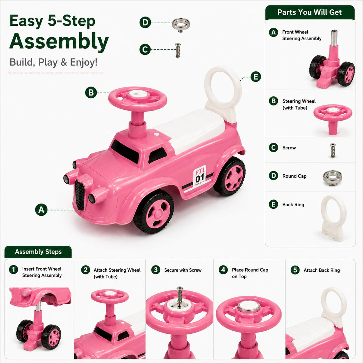 Pink ride-on toy car with steering handle and high-back seat, multi-step setup view