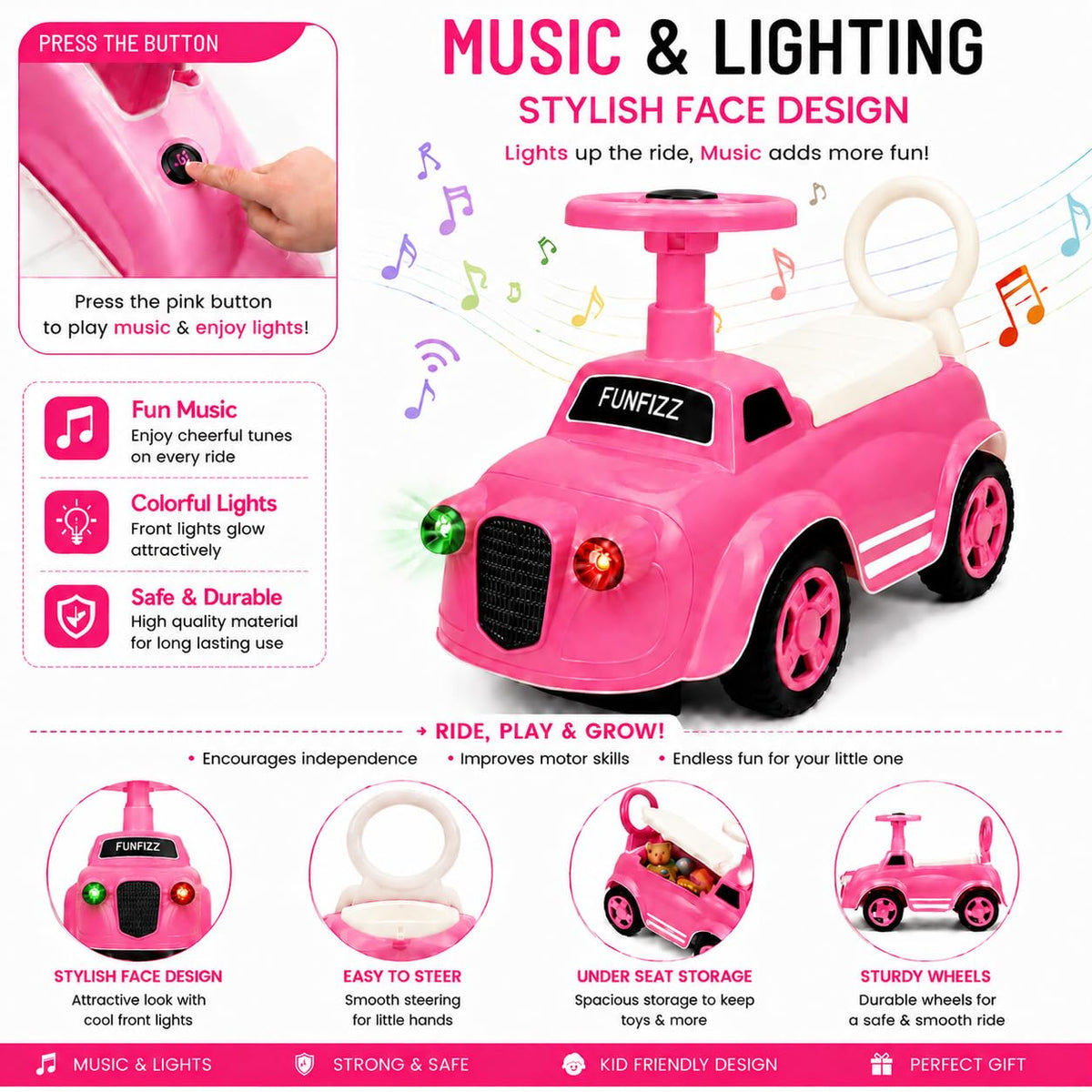 Pink ride-on toy car with steering handle, black front grille, and rounded wheels