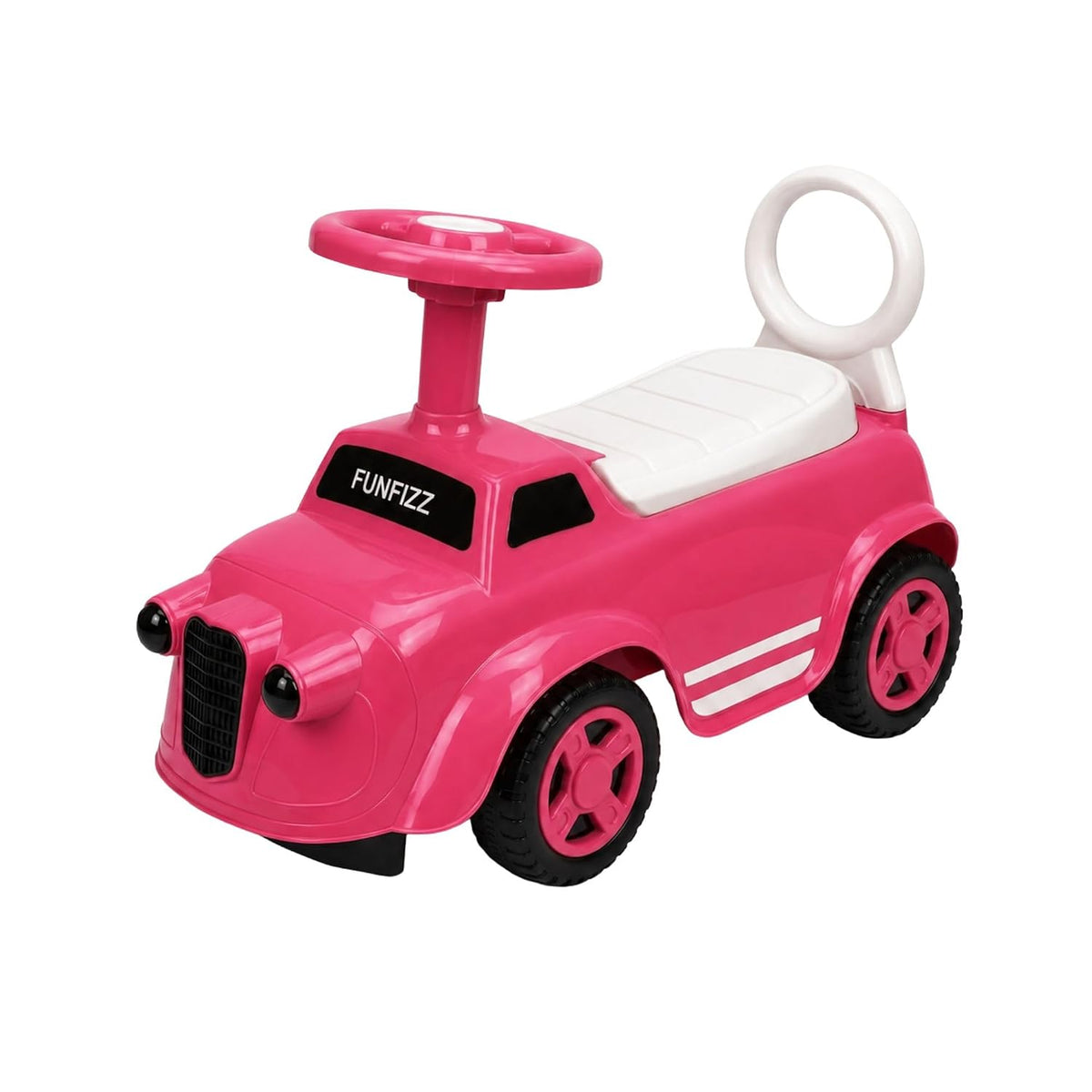 Pink ride-on toy car with steering handle, white seat panel, and side graphics