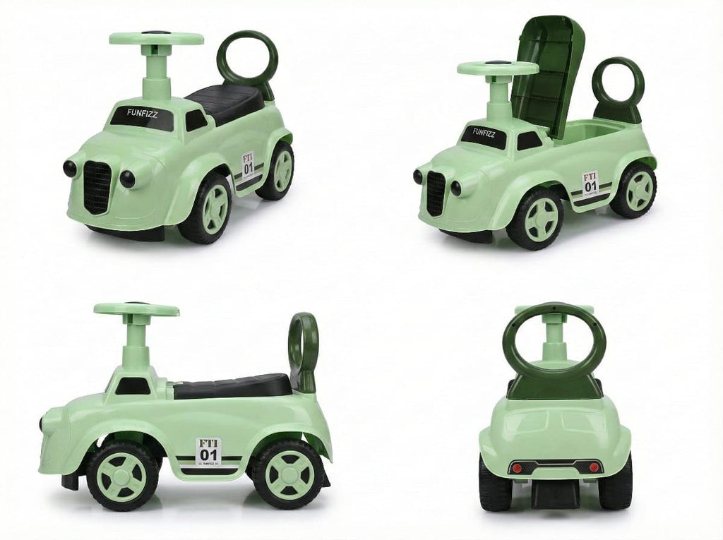 Mint ride-on toy car shown from multiple angles, with steering handle and seat
