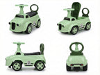 Mint ride-on toy car shown from multiple angles, with steering handle and seat