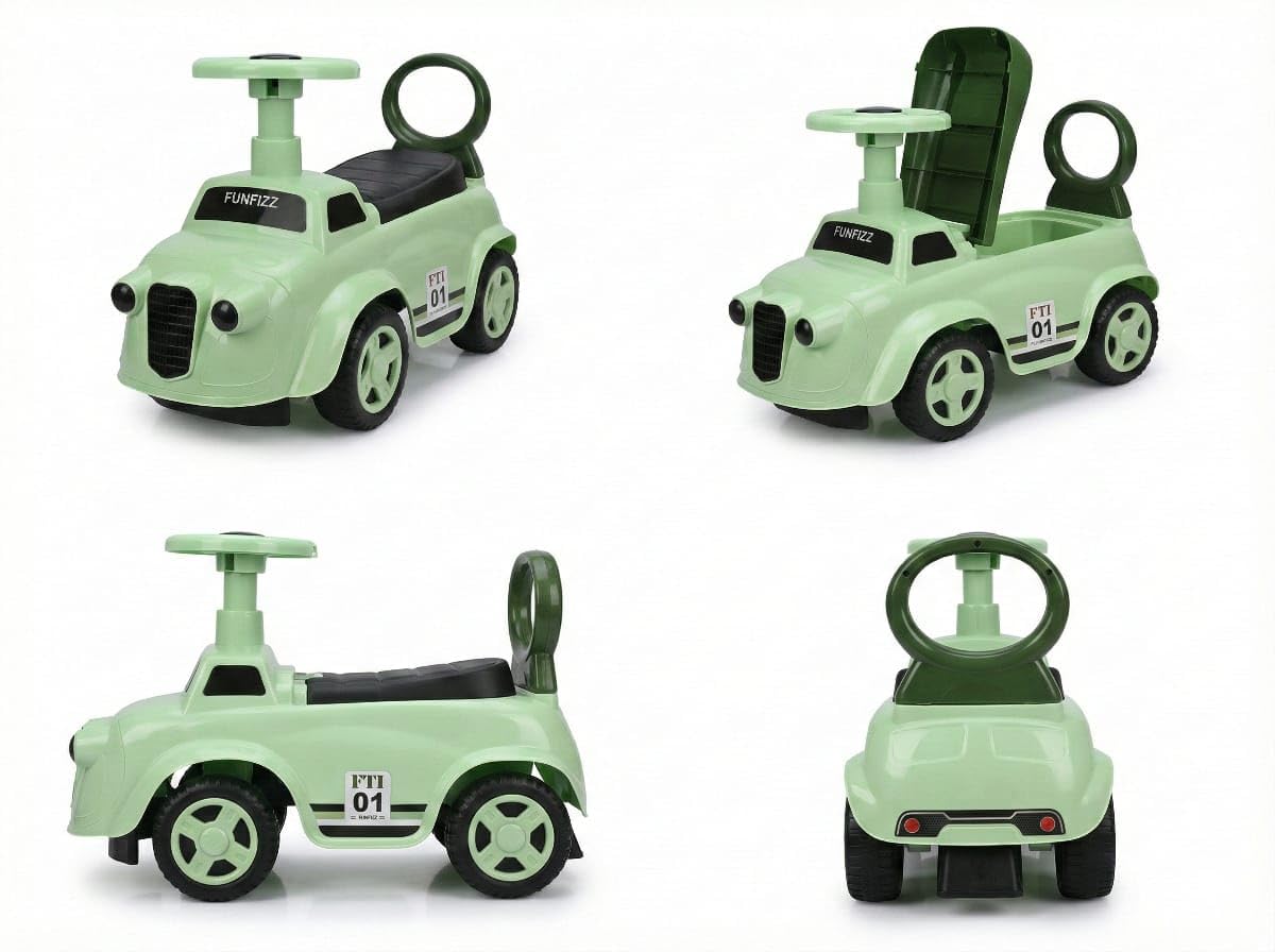 Mint ride-on toy car shown from multiple angles, with steering handle and seat