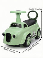 Mint ride-on toy car with steering handle, black seat, and front grille