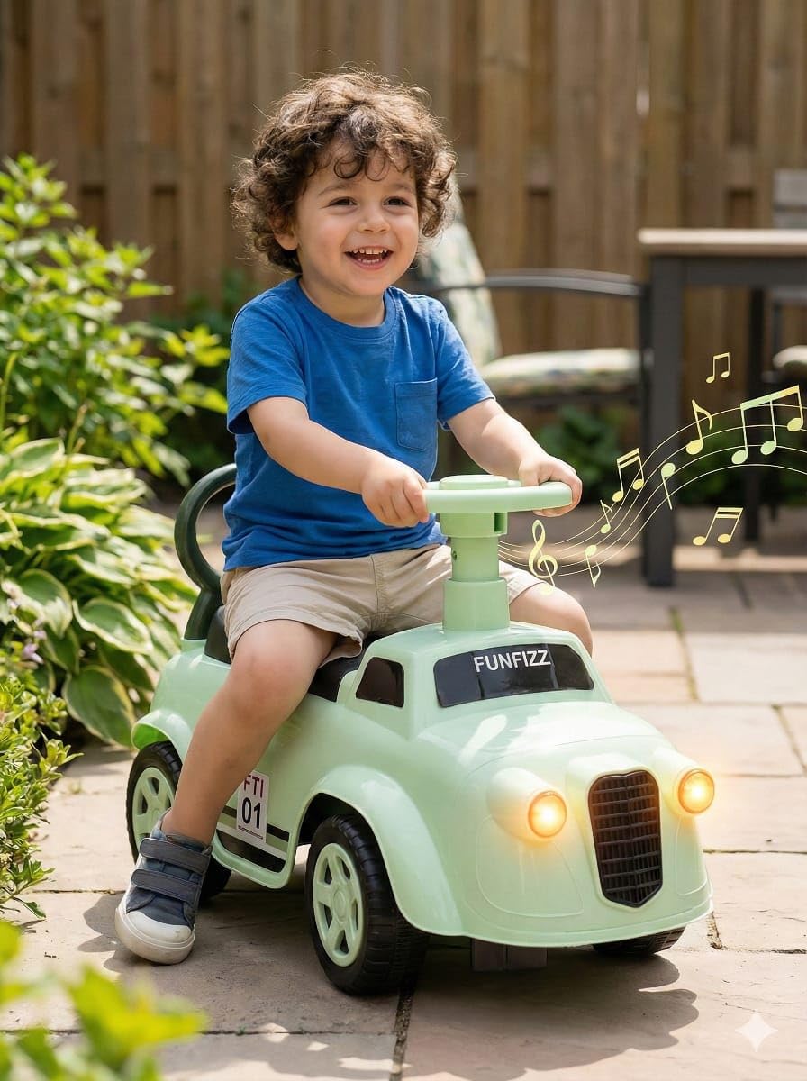 Mint ride-on toy car with steering handle and black seat, child seated and riding