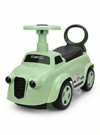 Mint ride-on toy car with steering handle, black seat, and front grille