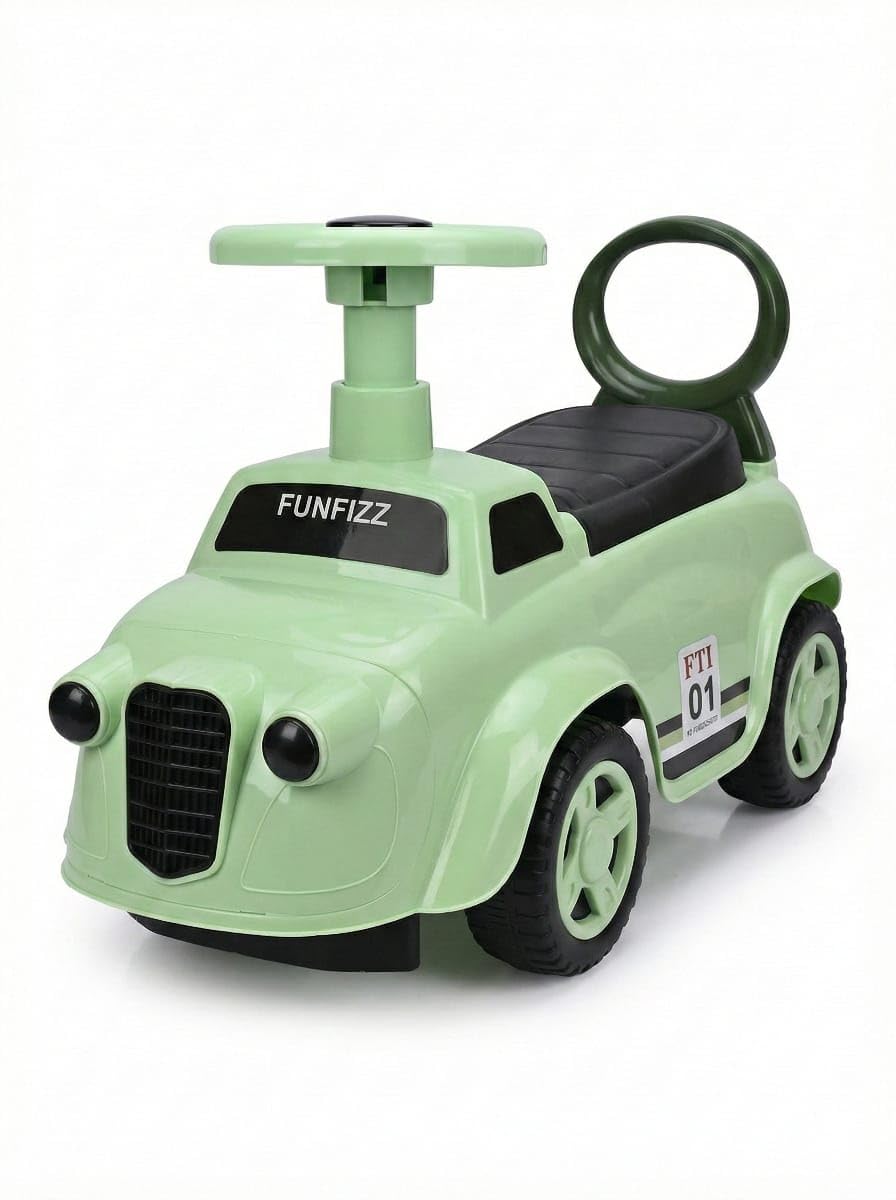 Mint ride-on toy car with steering handle, black seat, and front grille