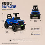 Kids electric ride-on car showing dimensions, blue body with steering and seat
