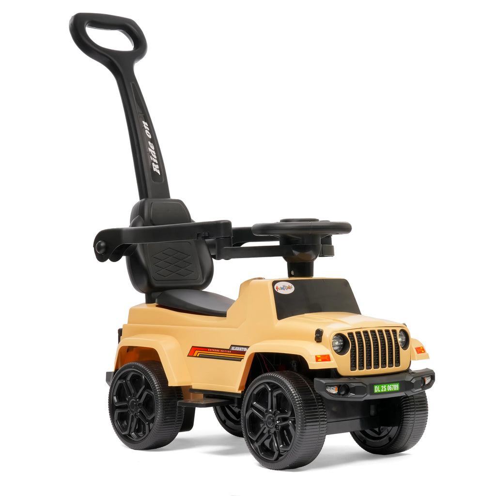 Kids electric ride-on car with steering wheel and backrest, tan/beige design