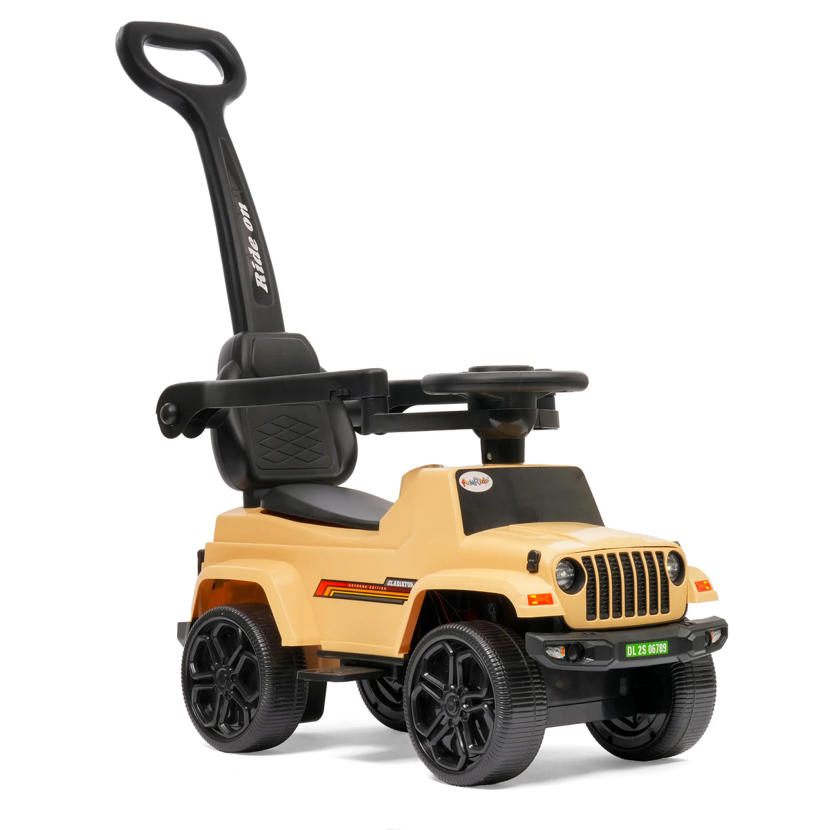 Kids electric ride-on car with steering wheel and backrest, tan/beige design