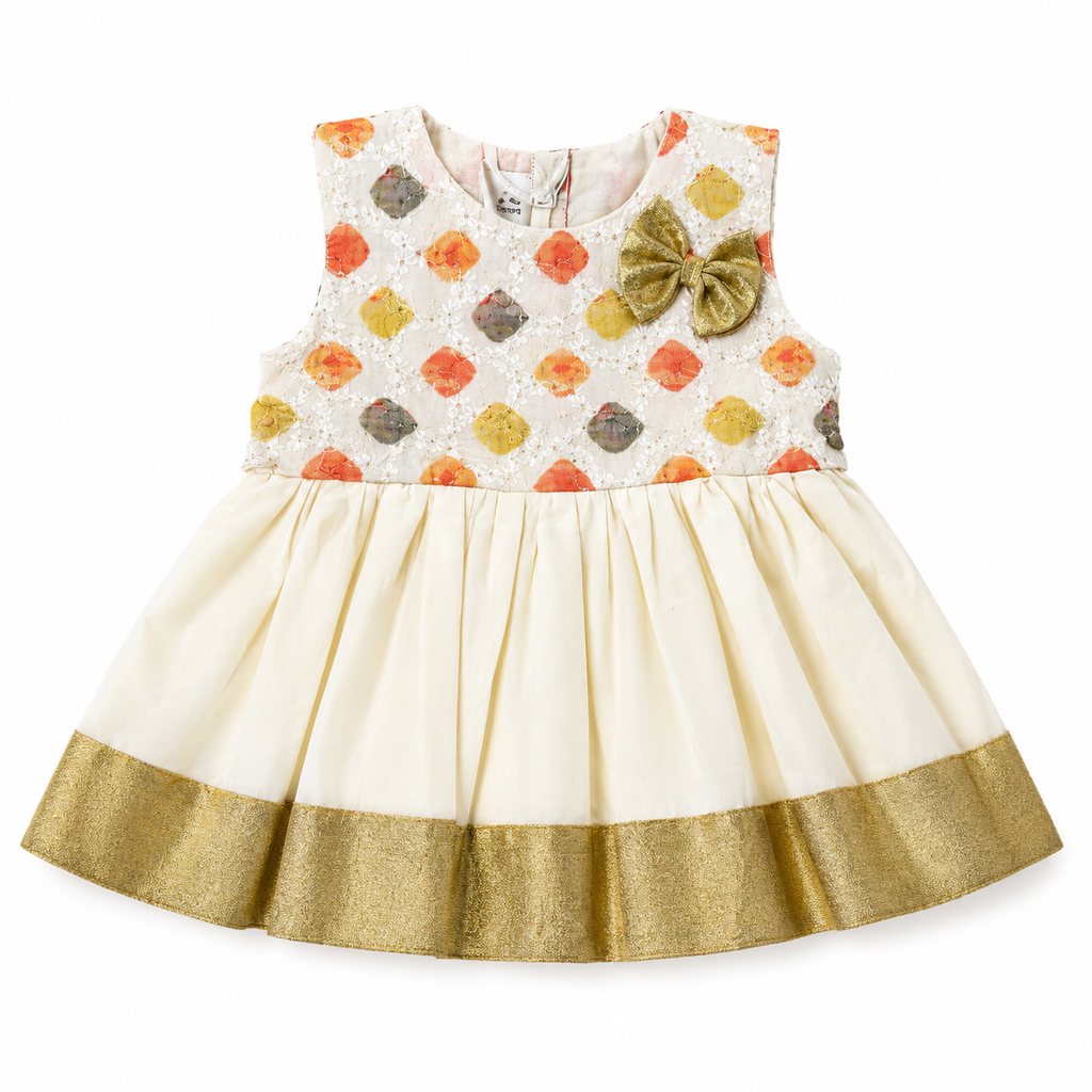 Girls Cream & Gold Traditional Sleeveless Frock 1-4 Years