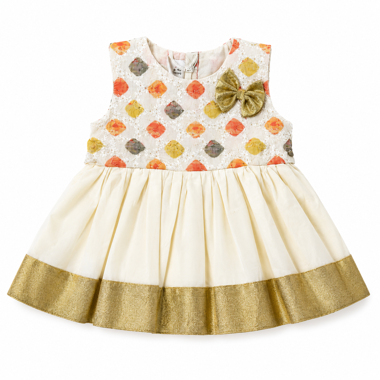 Girls Cream & Gold Traditional Sleeveless Frock 1-4 Years