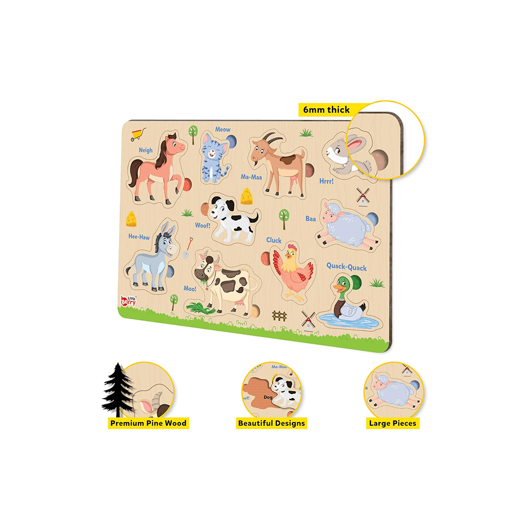 Little Berry Toys Little Berry Farm Animals Wooden Puzzle Tray Knob and Peg Puzzle Multicolour (2 Years+)