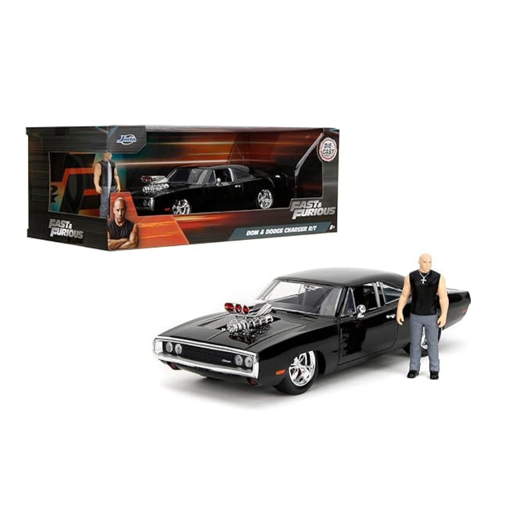 Fast & Furious Dom & Dodge Charger R/T, 1: 24 Scale Black Die-Cast Car with 2.75" Die-Cast Figure (8 Years+) 