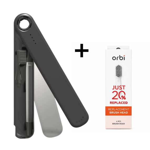 Black and gray toothbrush with packaging of 'Orbi' replacement brush head on a white background