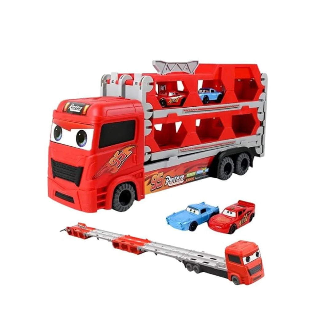Foldable transport truck toy with 2 mini cars, durable carrier vehicle playset