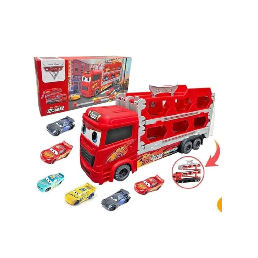 Foldable transport truck toy with 2 mini cars, durable carrier vehicle playset