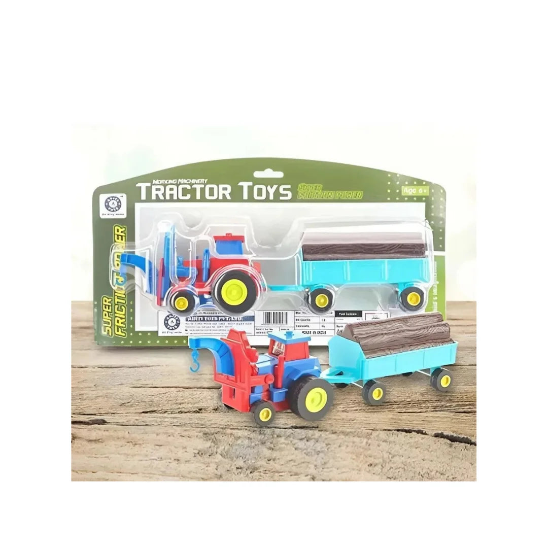 Friction powered tractor toy with trailer and logs.