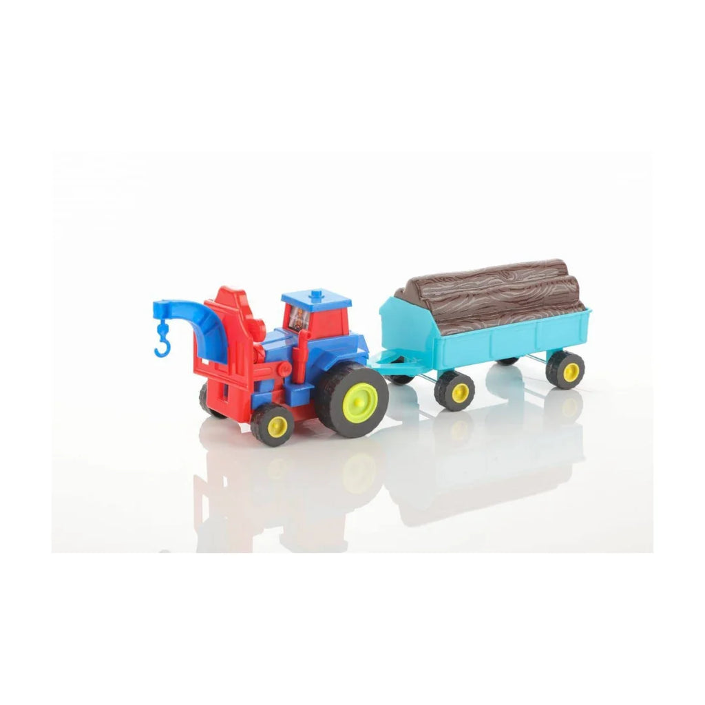 Friction powered tractor toy with trailer and logs.