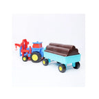 Friction powered tractor toy with trailer and logs.