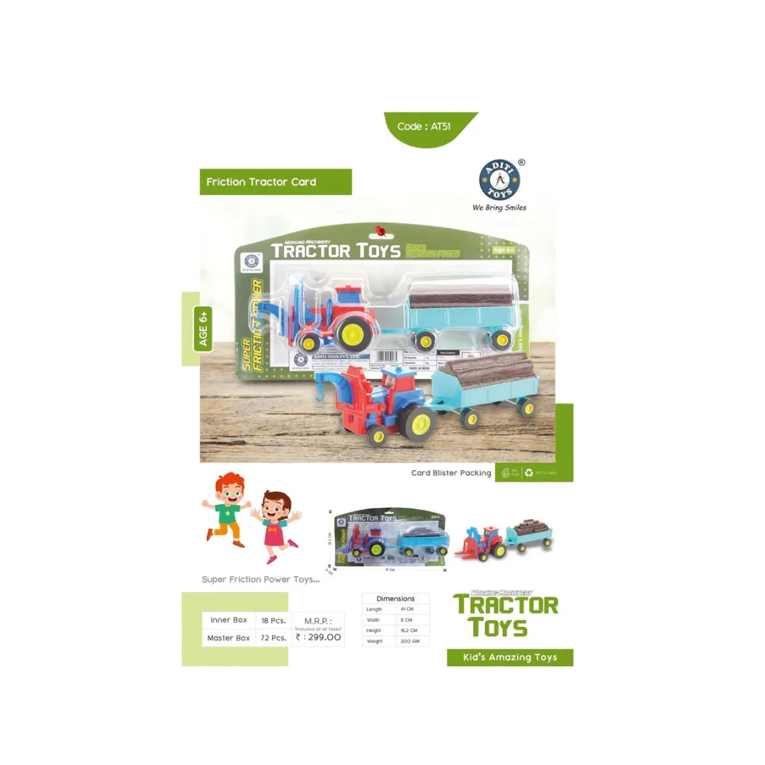 Friction powered tractor toy with trailer and logs.