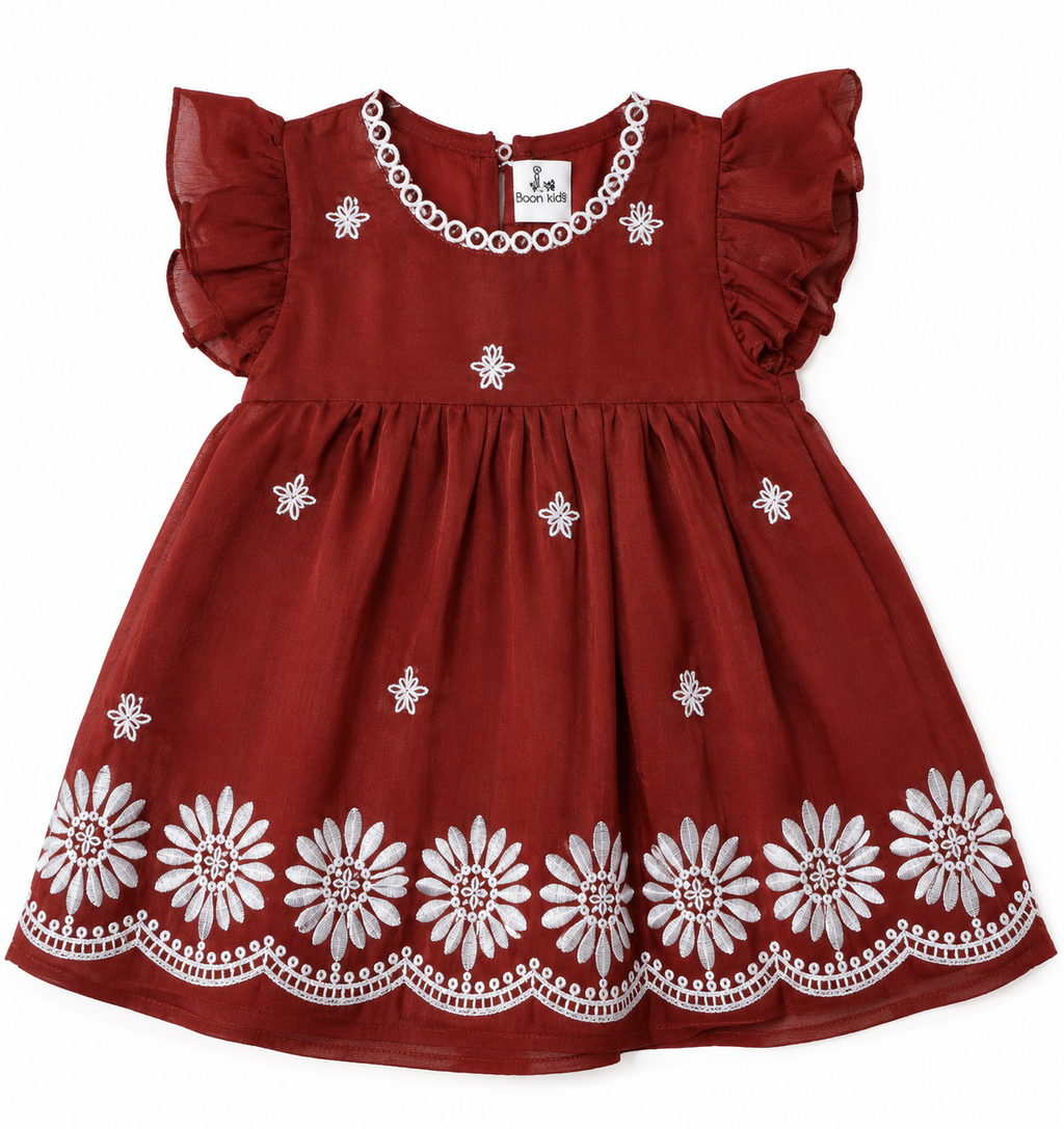 Boon Kids Girls Maroon Floral Embroidered Ruffle Sleeve Dress (0-2 Years)
