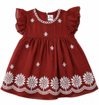 Boon Kids Girls Maroon Floral Embroidered Ruffle Sleeve Dress (0-2 Years)