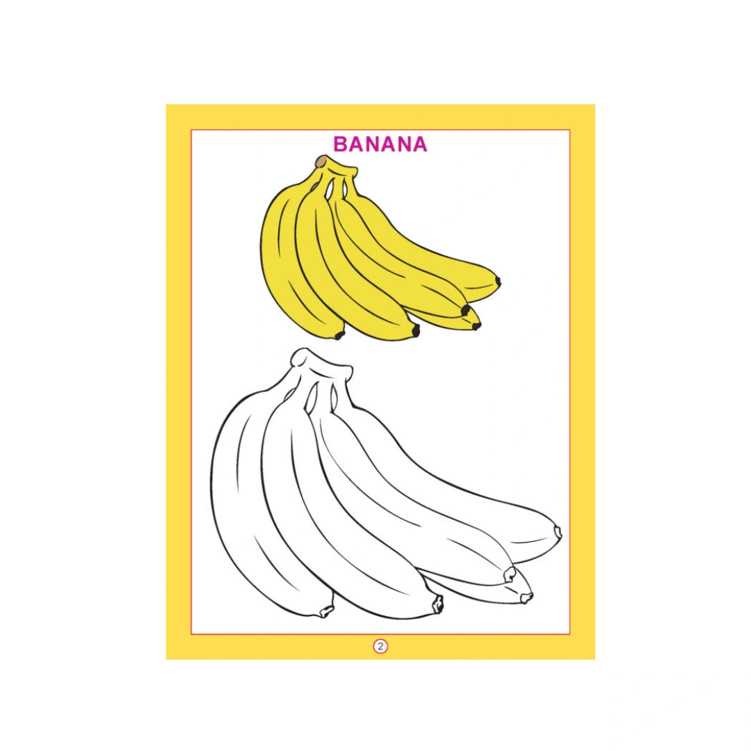 Fruit colouring book with fruit pictures for kids.