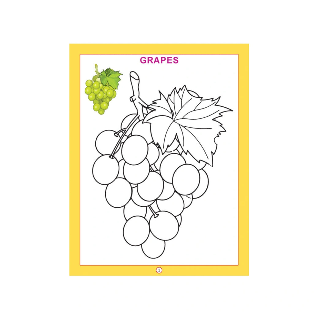 Fruit colouring book with fruit pictures for kids.