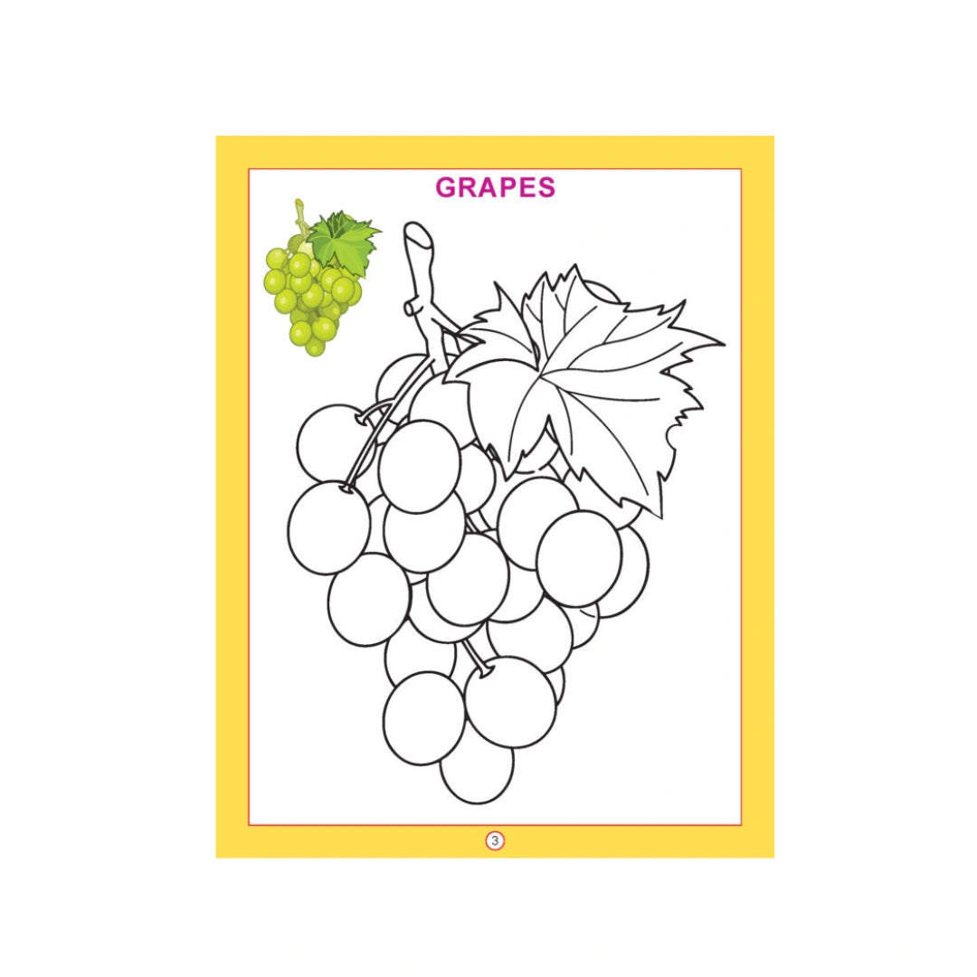 Fruit colouring book with fruit pictures for kids.