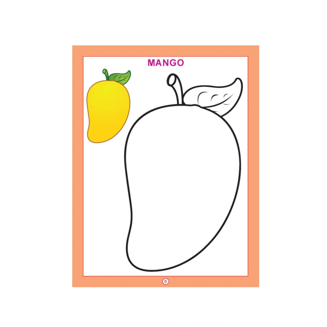 Fruit colouring book with fruit pictures for kids.