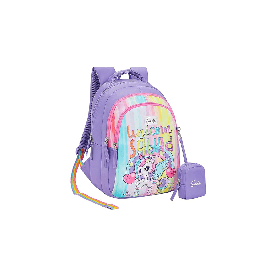 Genie Toys Lavender Genie Unicornaquad School Backpack for Girls |15 In-20 Ltr with Three Compartments,Side Pockets and Light Weight with Padded Shoulders For Kids