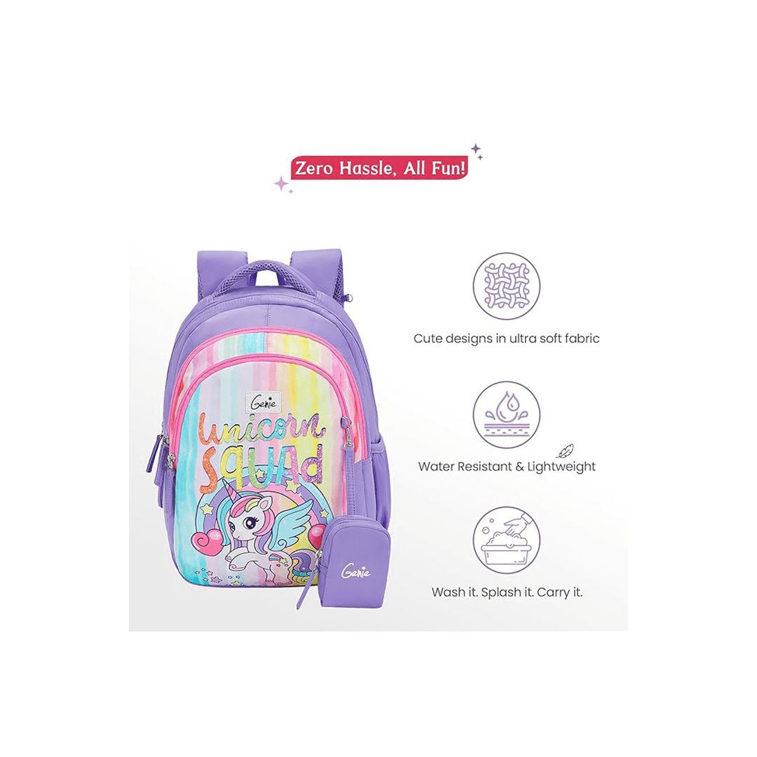 Genie Toys Genie Unicornaquad School Backpack for Girls |15 In-20 Ltr with Three Compartments,Side Pockets and Light Weight with Padded Shoulders For Kids
