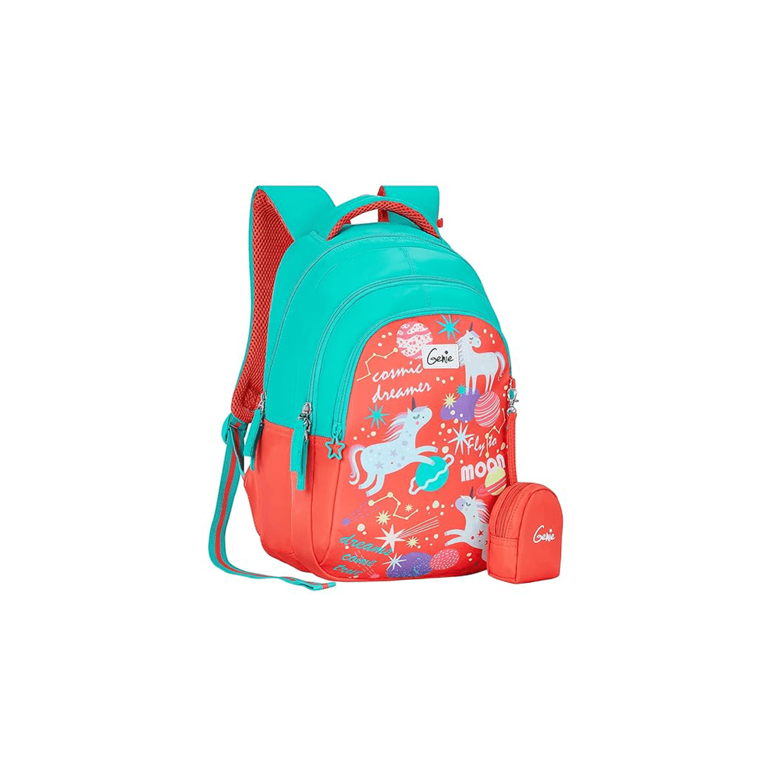 Genie Toys Coral Genie Unicornaquad School Backpack for Girls |15 In-20 Ltr with Three Compartments,Side Pockets and Light Weight with Padded Shoulders For Kids