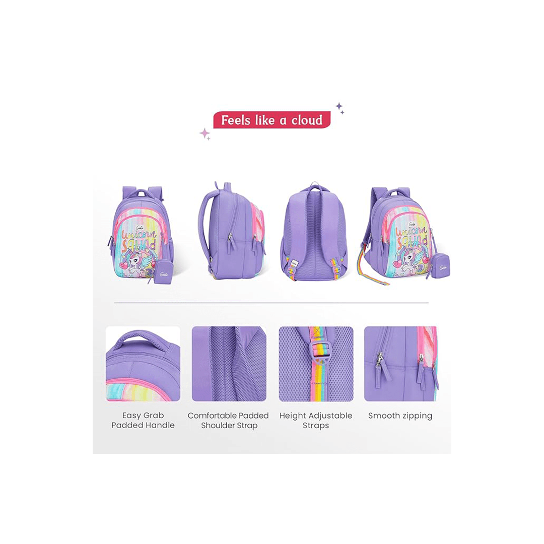 Genie Toys Genie Unicornaquad School Backpack for Girls |15 In-20 Ltr with Three Compartments,Side Pockets and Light Weight with Padded Shoulders For Kids