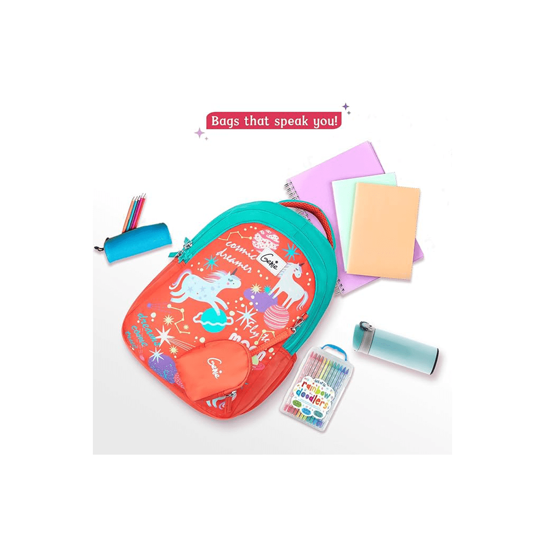 Genie Toys Genie Unicornaquad School Backpack for Girls |15 In-20 Ltr with Three Compartments,Side Pockets and Light Weight with Padded Shoulders For Kids