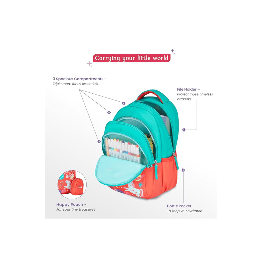 Genie Toys Genie Unicornaquad School Backpack for Girls |15 In-20 Ltr with Three Compartments,Side Pockets and Light Weight with Padded Shoulders For Kids