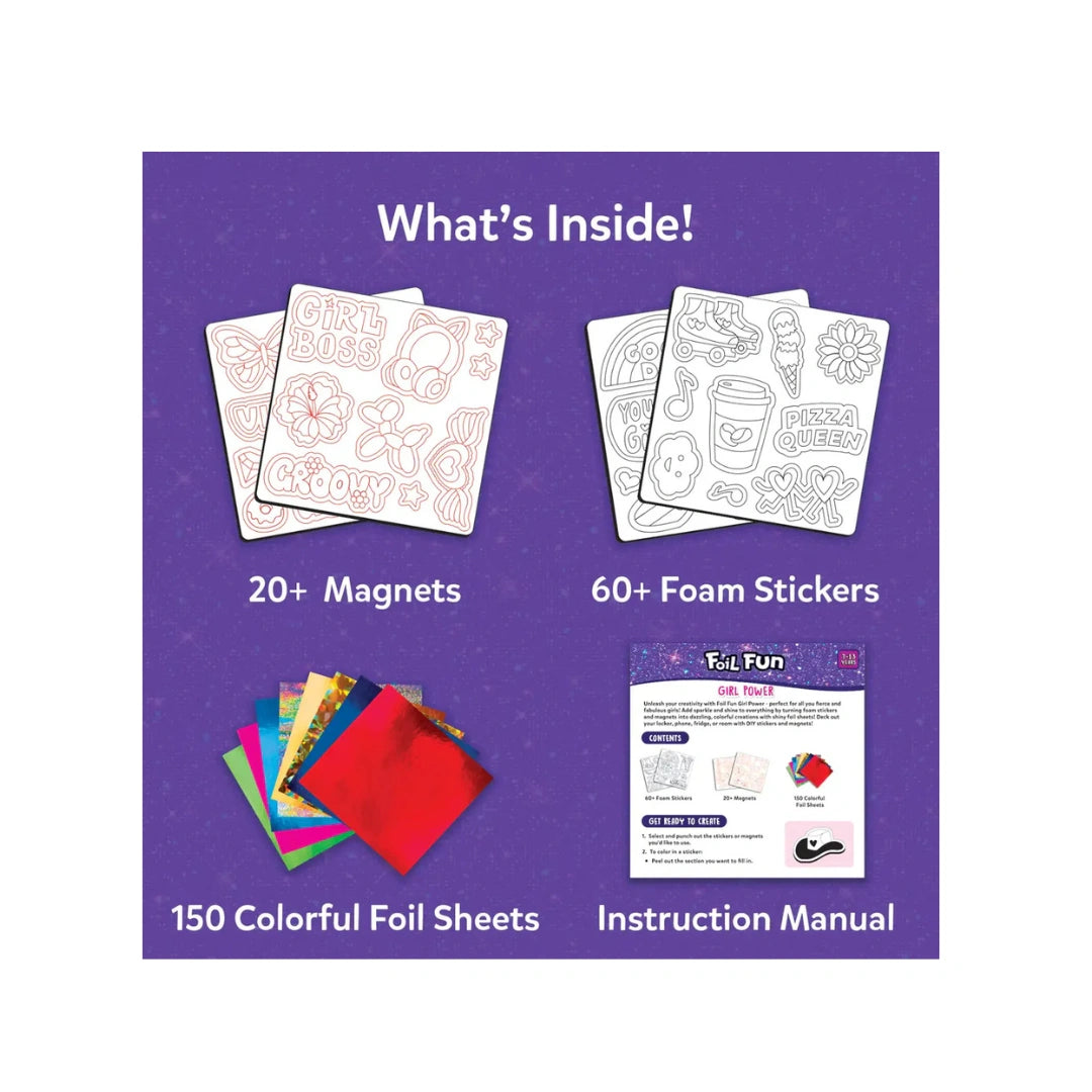 Girl Power Art Kit ,No Mess Magnetic Craft Set ,150 Foil Sheets ,60+ Foam Stickers ,20+ Magnets ,Creative DIY Kit for Kids (3+years)