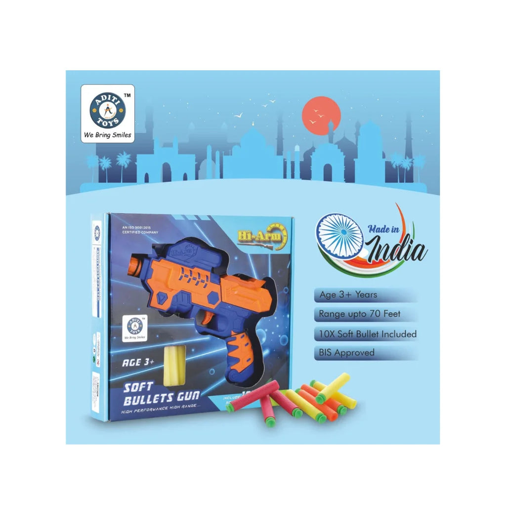 Soft bullet blaster gun with foam darts for kids.
