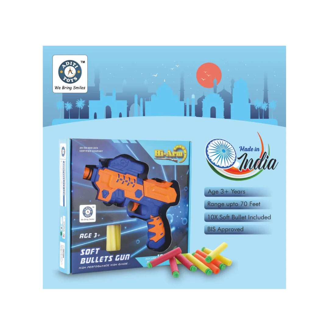 Soft bullet blaster gun with foam darts for kids.