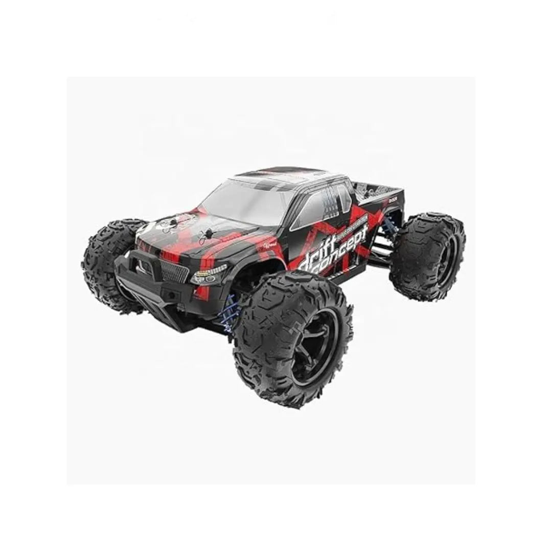 Remote control 4WD monster truck driving off-road on rough terrain.